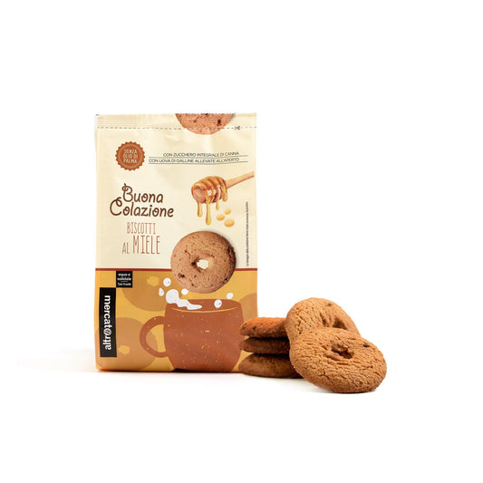 Biscotti al miele con  uova di galline allevate a terra con zucchero di canna integrale pensati per la prima colazione ottimi da inzuppare nel latte prodotto di filiera equa e solidale