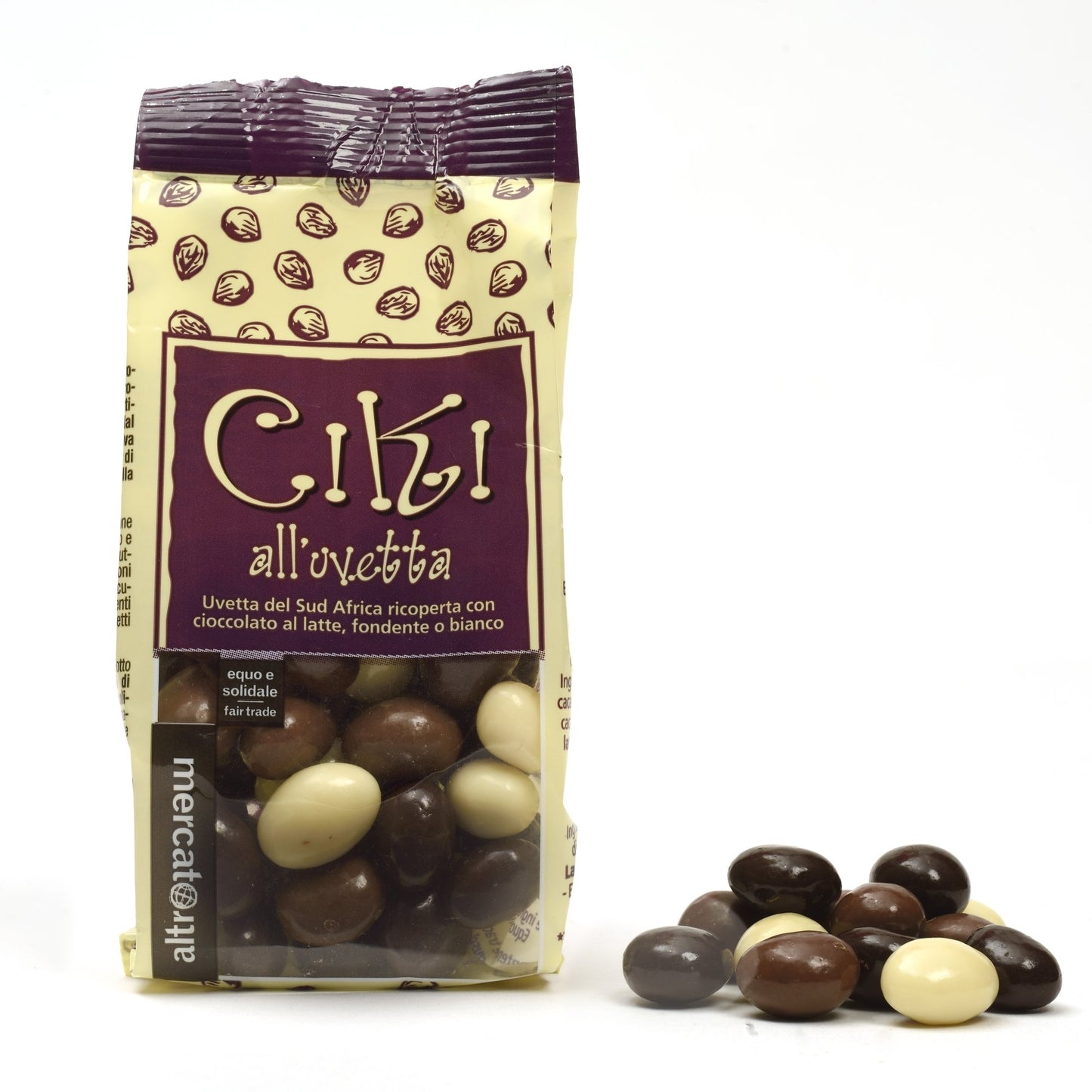 praline con uvetta con cioccolato fondente al latte e bianco altromercato