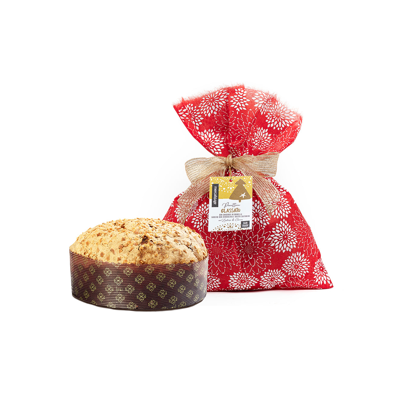 Panettone Classico con uvetta, gocce di cioccolato e glassato con zucchero di canna integrale. Lavorato come da tradizione. Confezionato con una preziosa carta seta dipinta a mano.