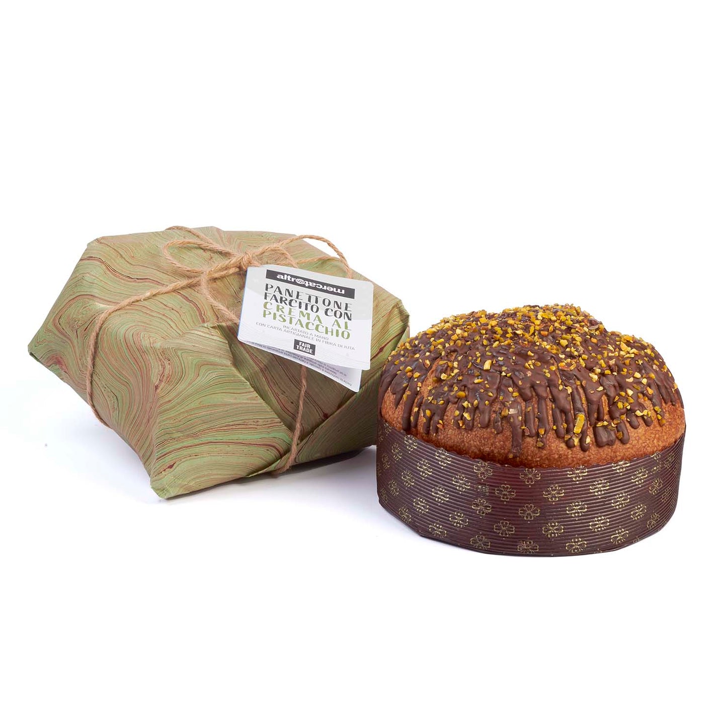 Panettone farcito con crema al pistacchio e ricoperto di cioccolato fondente.
