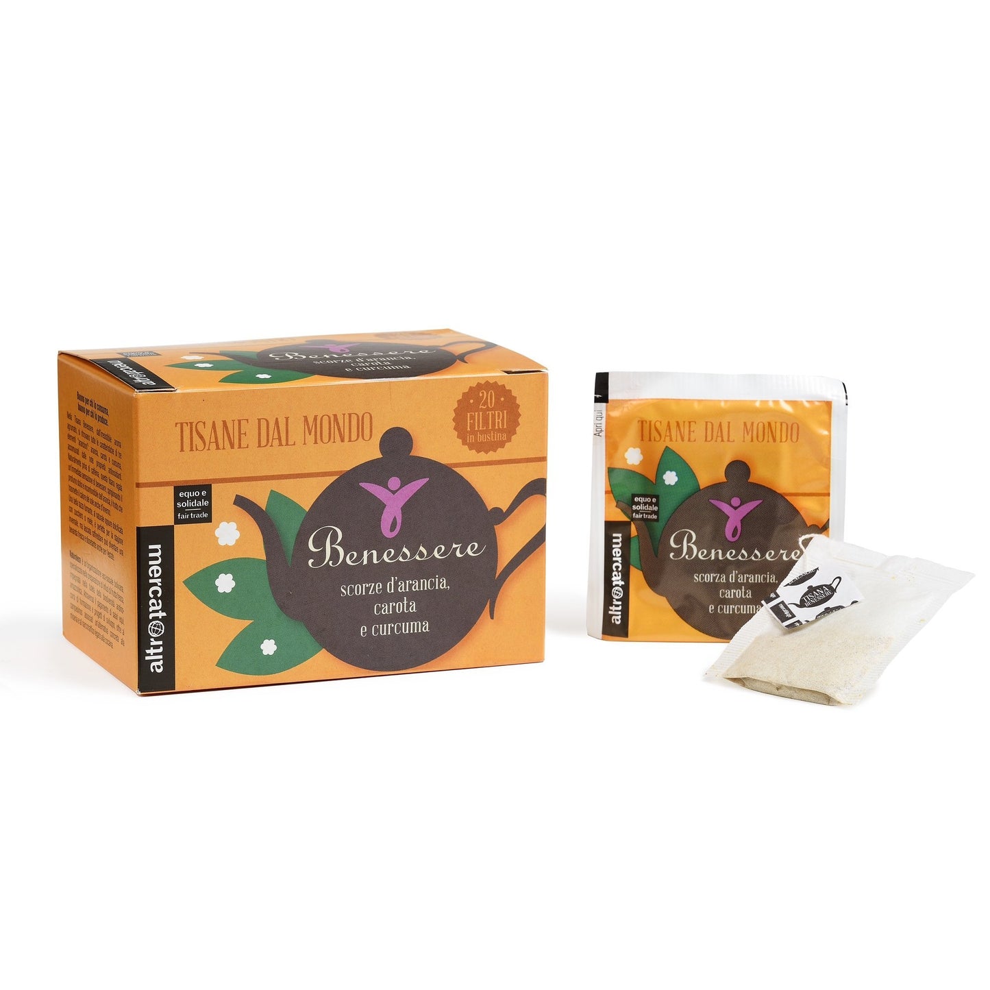 tisana benessere in filtri con carota curcuma arancia di commercioequo e solidale