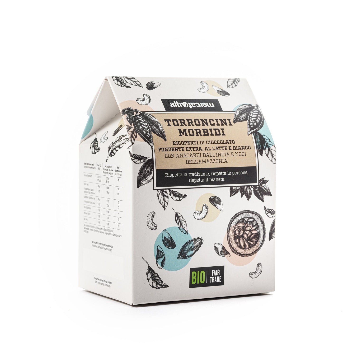 I torroncini morbidi sono fatti con noci dell'Amazzonia e anacardi dall'India. Ricoperti di cioccolato fondente al latte e bianco. Biologici e di commercio equo e solidale