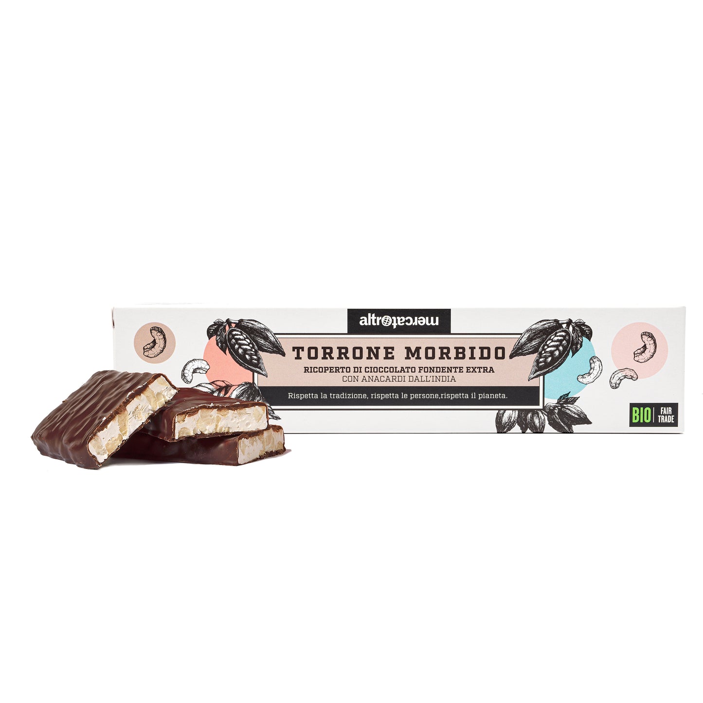 Il torrone morbido e ricoperto di cioccolato fondente extra, fatto con anacardi dall'India. Biologico e di commercio equo e solidale