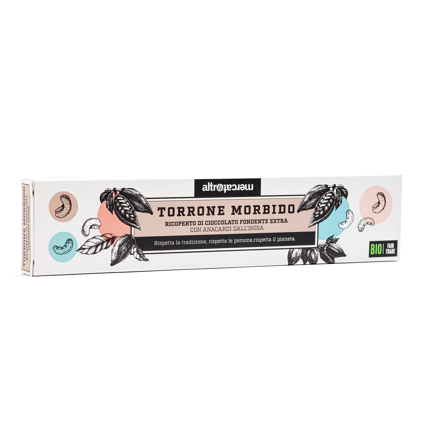Il torrone morbido e ricoperto di cioccolato fondente extra, fatto con anacardi dall'India. Biologico e di commercio equo e solidale