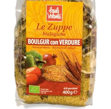 Tempo di cottura: 20 minuti. Ingredienti: Boulgur (grano duro spezzato e precotto) 95%, peperone rosso essiccato 1,25%, peperone verde essiccato 1,25%, pomodoro essiccato 1,25%, cipolla essiccata 1,25%.