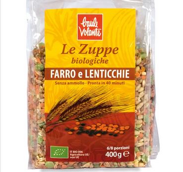 Tempo di cottura: 40 minuti senza ammollo.  Ingredienti: Grano farro 20%, lenticchie rosse decorticate 20%, lenticchie 20%, orzo decorticato 20%, piselli decorticati spezzati 20%.
