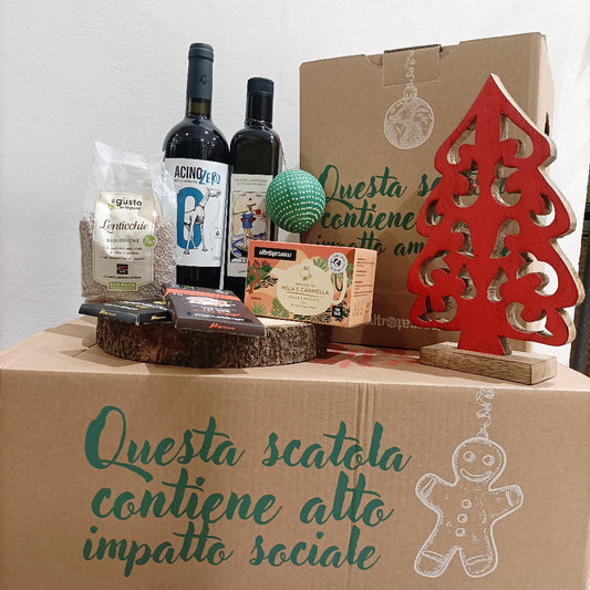 cesto terre solidali umbre fatto con ino olio tisana lenticchie cioccolata decorazione e catola