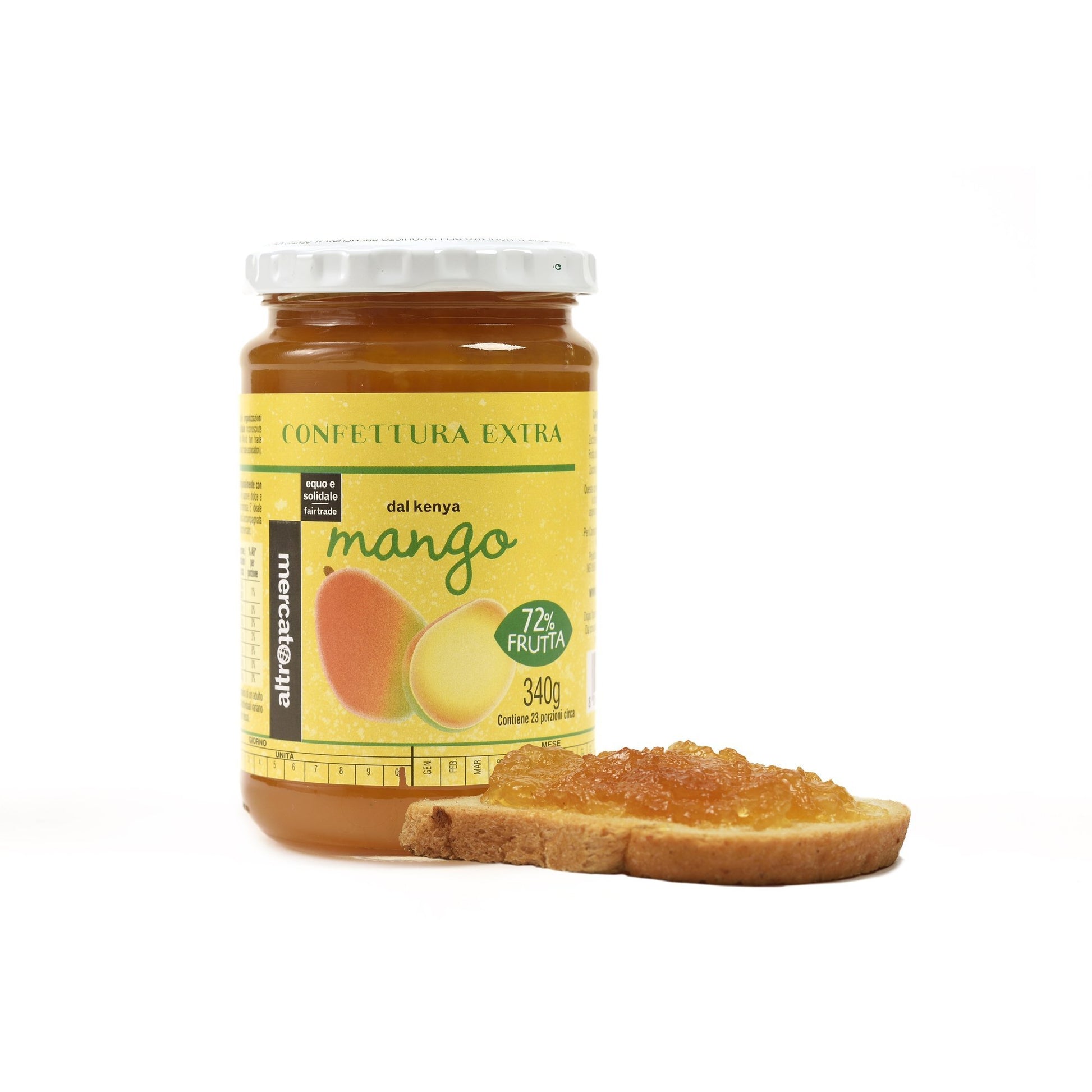 marmellata extra di mango con il 72% di frutta fresca e zucchero di canna proveniente dal Kenya prodotta dal commercio equo e solidale dolce cremosa e morbida adatta anche per dolci e crostate
